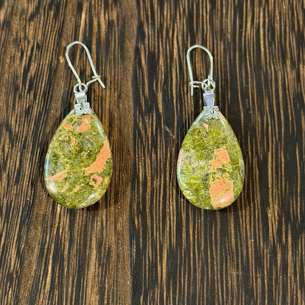 Unakite Teardrop Dangle Earrings Artisan Silver Tone